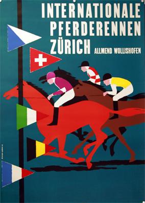 Plakat - Internationale Pferderennen Zürich Allmend Wollishofen 1955. Linoldruck.