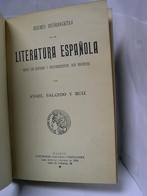 Imagen del vendedor de RESUMEN HISTORICO CRITICO DE LA LITERATURA ESPAOLA segn los estudios y descubrimientos ms recientes a la venta por LIBRERIA  SANZ