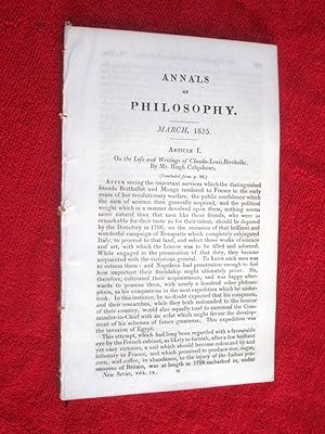 Bild des Verkufers fr ANNALS of PHILOSOPHY, March 1825. includes Life & Writings of Claude-Louis Berthollet, Climate of Antediluvian World & Formation of Granite (both concluded from Feb issue), Boiling Point of Ether, Berzelius Hypothesis of Atomic Theory, Scientific Notices zum Verkauf von Tony Hutchinson