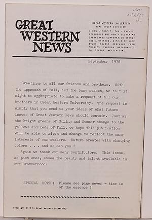 Bild des Verkufers fr Great Western News September 1978 zum Verkauf von Bolerium Books Inc.