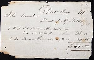 Handwritten Receipt for the purchase of Ale and Stout from Anthony Slater by John Hamilton, Phila...