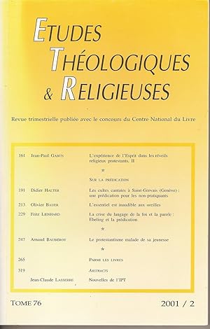 ETUDES THEOLOGIQUES & RELIGIEUSES Tome 76 2001 / 2