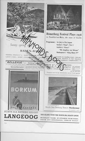 Seller image for Advertisements: Four on a Page for Baden-Baden, Borkum, North Sea Bathing Resort Norderney, Romerberg Festival Plays 1936 in Frankfurt-On-Main, the Town of Goethe for sale by Hammonds Antiques & Books