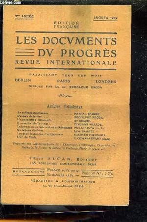 Seller image for LES DOCUMENTS DU PROGRES - REVUE INTERNATIONALE - 3E ANNEE - JANVIER 1909 - le suffrage des femmes par Marcel Sembat - l'avenir de la race par Rodolphe Broda - l'alimentation rationnelle par Romme - il nous faut de l'air pur par Mazade etc. for sale by Le-Livre