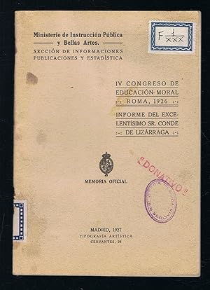 Bild des Verkufers fr IV congreso de educacion moral.Roma 1926 zum Verkauf von Librera Torren de Rueda