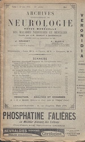 Bild des Verkufers fr Archives de Neurologie revue mensuelle des maladies nerveuses et mentales fonde par Jean-Martin Charcot publie sous la direction de J. Grasset et Auguste Marie volume I (12 srie) mai 1914 zum Verkauf von PRISCA