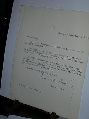 Lettre à Lo Duca De U.Notari Editore 25 Novembre 1938