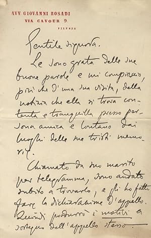 Lettera manoscritta autografa, firmata, su due facciate, su carta intestata Avv. Giovanni Rosadi,...