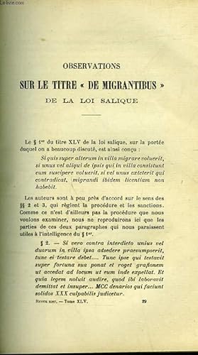 Bild des Verkufers fr OBSERVATION SUR LE TITRE "DE MIGRANTIBUS" DE LA LOI SALIQUE zum Verkauf von Le-Livre