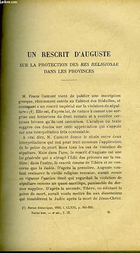 Bild des Verkufers fr UN RESCRIT D'AUGUSTE SUR LA PROTECTION DES RES RELIGIOSAE DANS LES PROVINCES zum Verkauf von Le-Livre