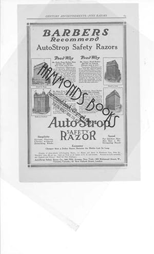 Immagine del venditore per Advertisement for Auto Strop Safety Razor - "Barbers Recommend Autostrop Safety Razors At Hotel St. Regis, Bellevue-Stratford, Hotel Lasalle, Belvedere venduto da Hammonds Antiques & Books