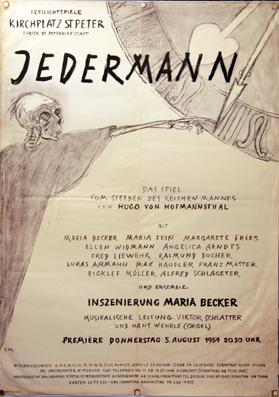 Plakat - Jedermann Freilichtspiele Kirchplatz St. Peter, ab 5. August 1954. Lithographie.