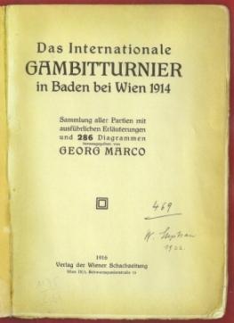 Imagen del vendedor de Das Internationale Gambitturnier in Baden bei Wien 1914 a la venta por The Book Collector, Inc. ABAA, ILAB