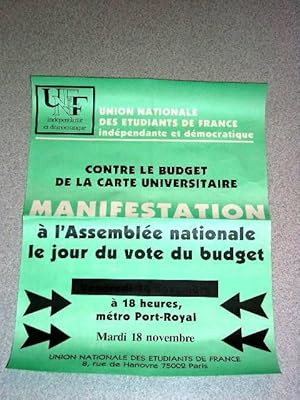 Affiche UNEF des années 80 - Contre le budget de la carte universitaire - Manifestation à l'Assem...