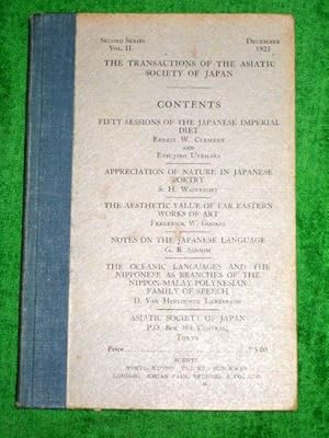 Bild des Verkufers fr TRANSACTIONS of The ASIATIC SOCIETY of JAPAN. Second Series Vol II Dec 1923. zum Verkauf von Tony Hutchinson