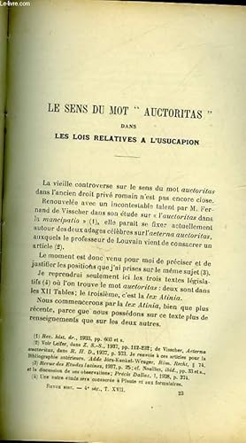 Imagen del vendedor de LE SENS DU MOT "AUCTORITAS" DANS LES LOIRS RELATIVES A L'USUCAPION a la venta por Le-Livre