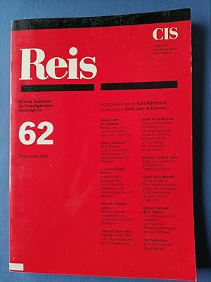 Bild des Verkufers fr REIS : Revista Espaola de Investigaciones Sociolgicas. 62, abril-junio 1993 : Monogrfico sobre Karl Mannheim zum Verkauf von Perolibros S.L.