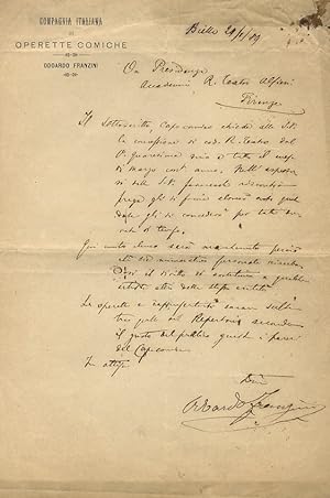 Lettera manoscritta autografa, su una facciata, su carta intestata: Compagnia Italiana di Operett...