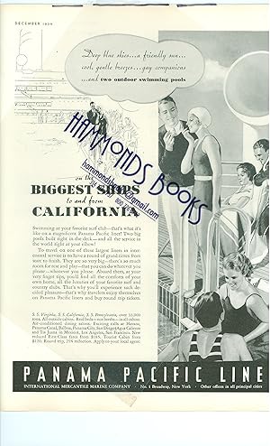 Seller image for Advertisement for Panama Pacific Line - "Deep Blue Skies, Friendly Sun, Cool, Gentle Breezes, Gay Companions and Two Outdoor Swimming Pools on the Biggest Ships to and from California" for sale by Hammonds Antiques & Books