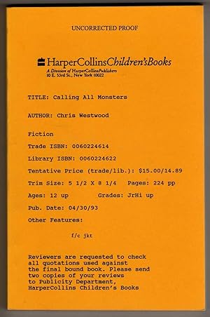 Bild des Verkufers fr Calling All Monsters [COLLECTIBLE UNCORRECTED PROOF COPY] zum Verkauf von Cameron-Wolfe Booksellers