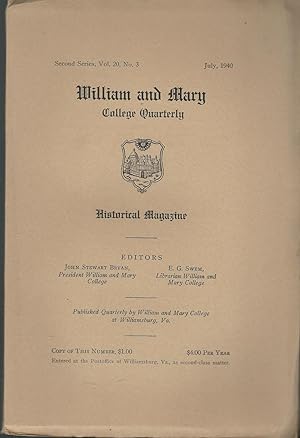 Bild des Verkufers fr William and Mary College Quarterly, Second Series, Vol. 20, No. 3: July, 1940 zum Verkauf von Dorley House Books, Inc.