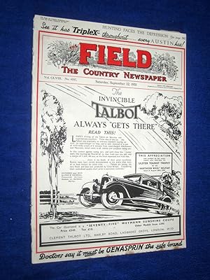 The Field, The Country Newspaper, 12 Sept 1931, Magazine. (The Invincible Talbot Car cover. Count...