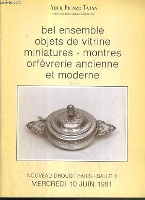 Image du vendeur pour CATALOGUE DE VENTE AUX ENCHERES - NOUVEAU DROUOT - BEL ENSEMBLE D'OBJETS DE VITRINE - MINIATURES - MONTRES - ORFEVRERIE ANCIENNE ET MODERNE - SALLE 3 - 10 JUIN 1981. mis en vente par Le-Livre