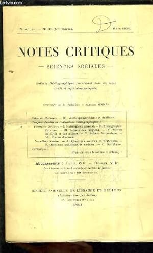 Bild des Verkufers fr NOTES CRITIQUES SCIENCES SOCIALES - 5E ANNEE N33 NOUVELLE SERIE - MARS 1904 - BULLETIN BIBLIOGRAPHIQUE - anthropomorphisme et finalisme - science des religions - science economique - socialisme ETC. zum Verkauf von Le-Livre