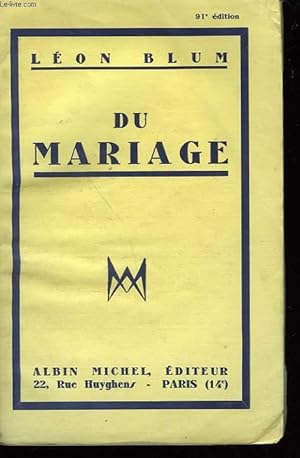 Bild des Verkufers fr DU MARIAGE. zum Verkauf von Le-Livre