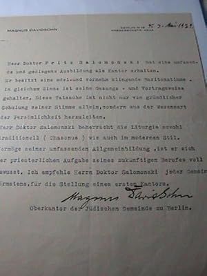 Seller image for 1927 TYPED LETTER SIGNED [TLS] BY FAMED GERMAN CANTOR INTRODUCING THE YOUNG SOON TO BE RENOWN GERMAN RABBI AND EXPRESSIONIST PAINTER FREDERICK SOLOMON for sale by Katz Fine Manuscripts Inc.