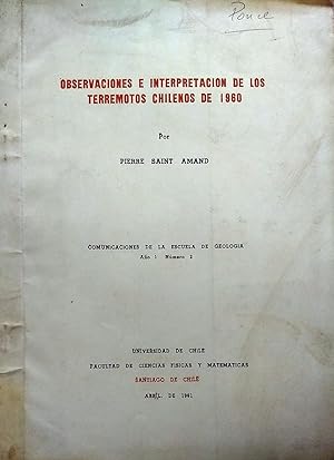 Immagine del venditore per Observaciones e interpretacin de los terremotos chilenos de 1960 venduto da Librera Monte Sarmiento