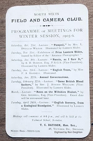 Image du vendeur pour North Wilts Field And camera Club Programme Of meetings For Winter session 1905-6 [ SMALL PRINTED CARD PROGRAMME } mis en vente par Deightons