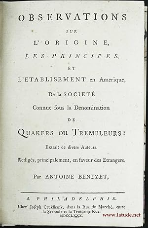 Observations sur l'origine, les principes, et l'établissement en Amérique, de la société connue s...