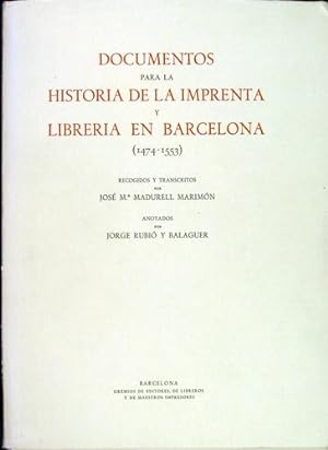 Imagen del vendedor de Documentos para la Historia de la Imprenta y Libreria en Barcelona (1474-1553) a la venta por Kaaterskill Books, ABAA/ILAB