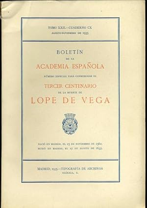 Bild des Verkufers fr Boletin de la Academia Espaola. Ano XXII. Tomo XXII. Diciembre de 1935. Cuaderno CX. Numero especial para conmemorar el Tercer Centenario de la Muerte de Lope de Vega zum Verkauf von Kaaterskill Books, ABAA/ILAB