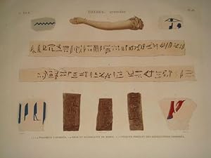 DESCRIPTION DE L'EGYPTE. Thèbes. Hypogées. Fragments coloriés, Bras et bandelette de momie, Briqu...