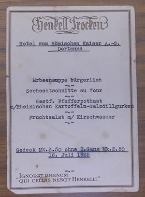 Dortmund, Hotel zum Römischen Kaiser A.-G. Henkell Trocken. Gedeck-Angebot vom 16. Juli 1925.
