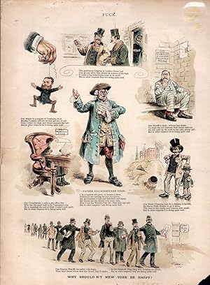 Seller image for Chromolithograph PRINT: "WHY SHOULDN'T NEW YORK BE HAPPY".engraving from Puck Humorous Weekly, April, 30 1890 for sale by Dorley House Books, Inc.