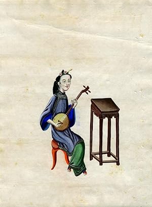 Hand painted Chinese Woman Musician - Girl with a Samisen