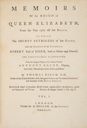 Bild des Verkufers fr Memoirs of the Reign of Queen Elizabeth from the Year 1581 till her Death. 2 Vols zum Verkauf von ERIC CHAIM KLINE, BOOKSELLER (ABAA ILAB)