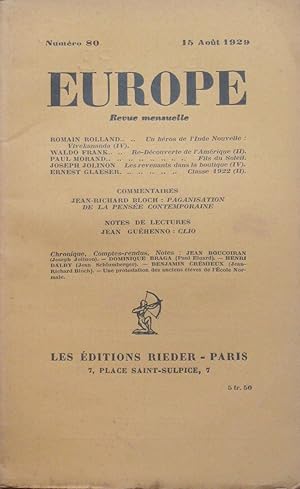 Image du vendeur pour EUROPE Revue mensuelle  Numro 80 du 15 Aot 1929 mis en vente par Bouquinerie L'Ivre Livre