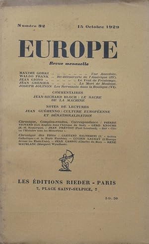 Imagen del vendedor de EUROPE Revue mensuelle  Numro 82 du 15 Octobre 1929 a la venta por Bouquinerie L'Ivre Livre