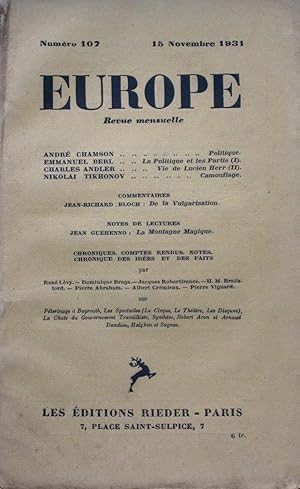 Imagen del vendedor de EUROPE Revue mensuelle  Numro 107 du 15 Novembre 1931 a la venta por Bouquinerie L'Ivre Livre