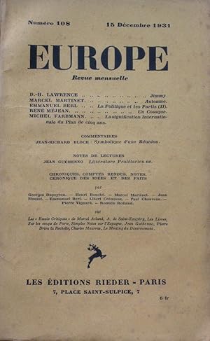 Imagen del vendedor de EUROPE Revue mensuelle  Numro 108 du 15 Dcembre 1931 a la venta por Bouquinerie L'Ivre Livre