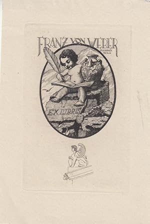 ExLibris Franz von Weber, Kind mit Federkiel auf Felsen, Orig.-Rad., 1918, 18,5 x 12,5 cm, in der...