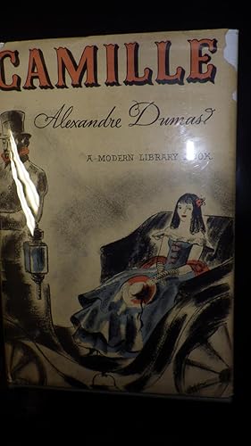 Seller image for CAMILLE , Modern Library #69 DJ Spine,French classic novel. In English. in 95 cents priced Dustjacket of Girl with Black Hair & Red flower in it, seated in Open Air Carriage in Blue Dress Holding Hat WITH MAN in Top Hat & Beard Holding reins for sale by Bluff Park Rare Books