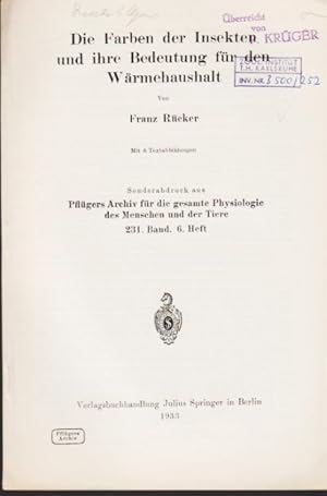 Bild des Verkufers fr Die Farbe der Insekten und ihre Bedeutung fr den Wrmehaushalt. zum Verkauf von Antiquariat am Flughafen