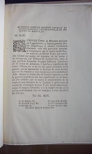 Imagen del vendedor de Fabricacin de queso, s. XVII] Al Egregio Conde de Montoro y Capitan General en mi Reyno de Mallorca. El Rey. Egregio conde haviendo visto con particular atencion la competencia que se movio en este Reyno entre mi jurisdiccion real y el Tribunal de la Inquisicion, sobre la que pretende Leonardo Burguez Zaforteza en el DERECHO DEL QUESO procedido de su ganado, que ha apacentado en herbajes de otros dueos que no son francos dado en Aranjuez a 29 de abril de 1651. a la venta por Arteclo S. L.