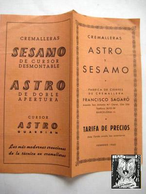 Catálogo Publicidad - Advertising Brochure : CREMALLERAS ASTRO Y SESAMO. Tarifas de precios