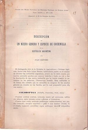 Imagen del vendedor de DESCRIPCION DE UN NUEVO GENERO Y ESPECIE DE COCHINILLA DE LA REPUBLICA ARGENTINA / HIMENOPTEROS DE LA AMERICA MERIDIONAL a la venta por Buenos Aires Libros